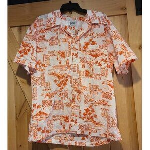 Vintage Pomare Hawaii Men's XL Short Sleeve Button Shirt Orange Palm Hut Boat